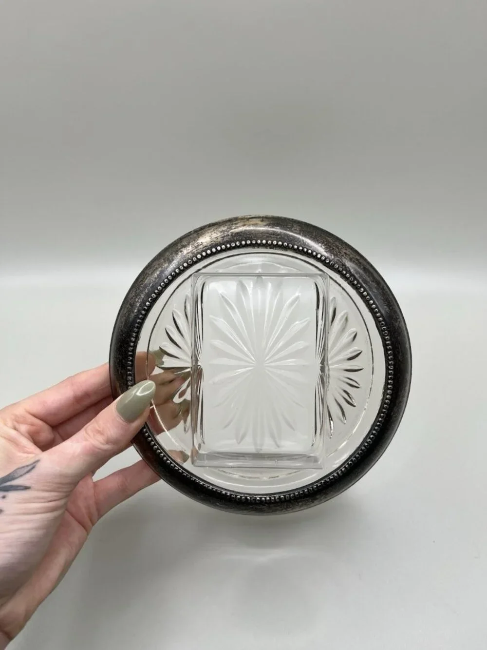 VTG Pressed Glass Ashtray Silver Plate Beaded Rim Starburst Mid Century Atomic